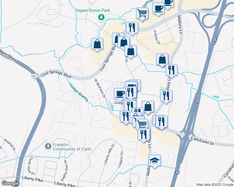 map of restaurants, bars, coffee shops, grocery stores, and more near 830 Reliance Drive in Franklin