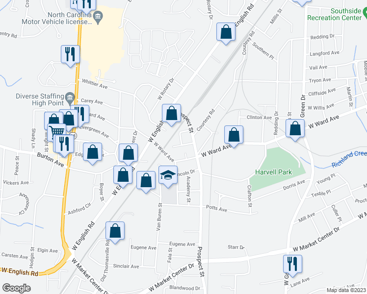 map of restaurants, bars, coffee shops, grocery stores, and more near 1609 Bradley Place in High Point