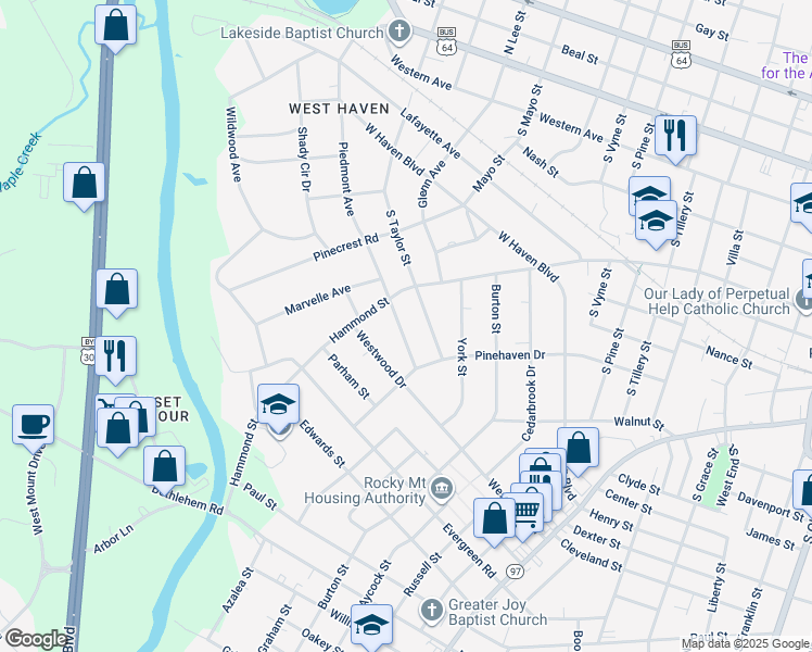 map of restaurants, bars, coffee shops, grocery stores, and more near 713 Piedmont Avenue in Rocky Mount