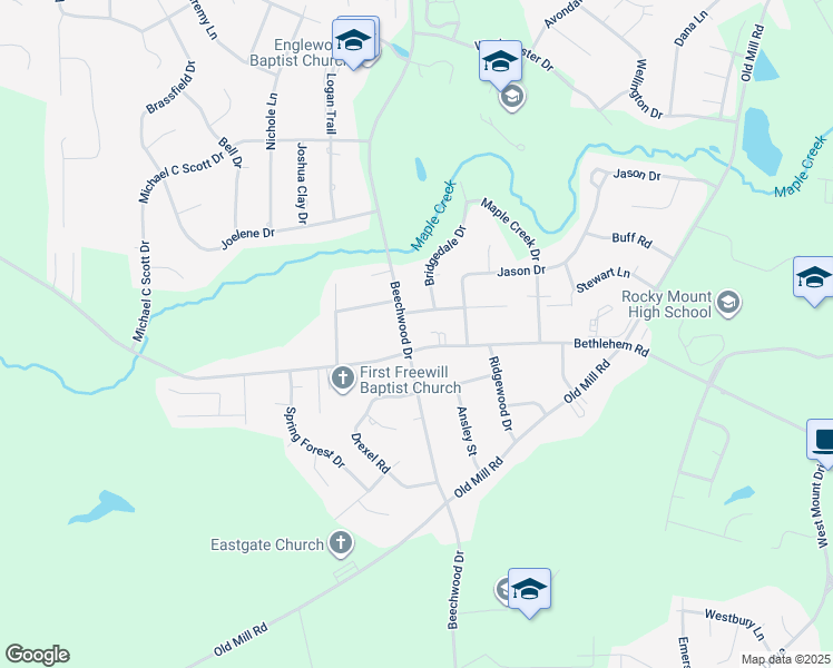 map of restaurants, bars, coffee shops, grocery stores, and more near 929 Beechwood Drive in Rocky Mount