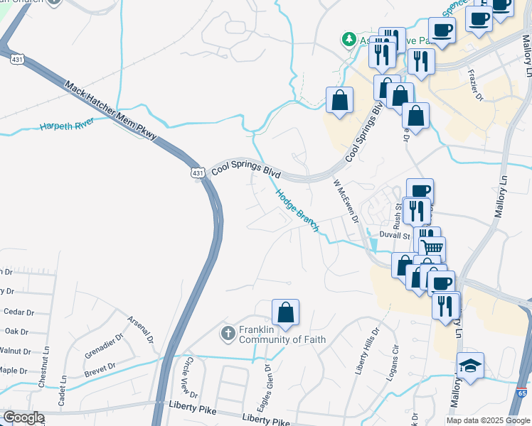 map of restaurants, bars, coffee shops, grocery stores, and more near 1000 Artessa Circle in Franklin