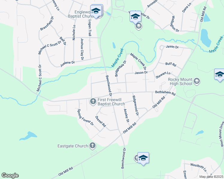 map of restaurants, bars, coffee shops, grocery stores, and more near 929 Beechwood Drive in Rocky Mount
