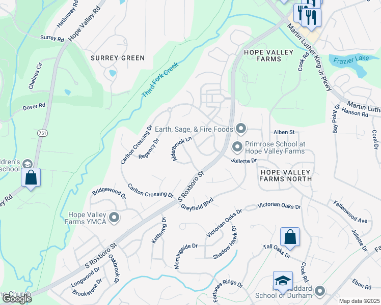 map of restaurants, bars, coffee shops, grocery stores, and more near 5011 Linden Oaks Avenue in Durham