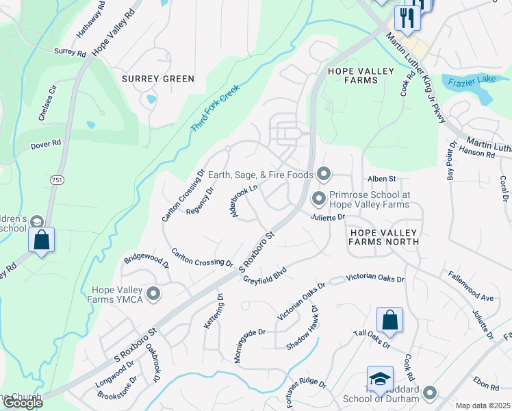 map of restaurants, bars, coffee shops, grocery stores, and more near 5011 Linden Oaks Avenue in Durham