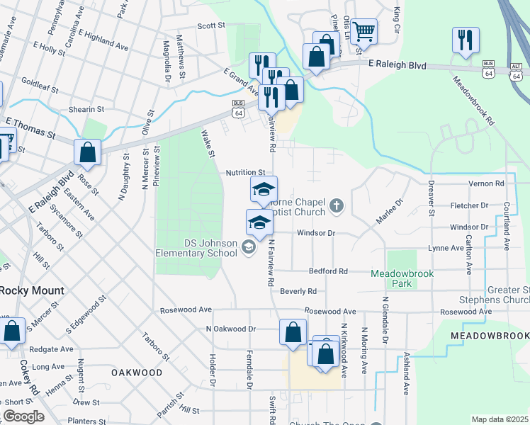 map of restaurants, bars, coffee shops, grocery stores, and more near 720 North Fairview Road in Rocky Mount