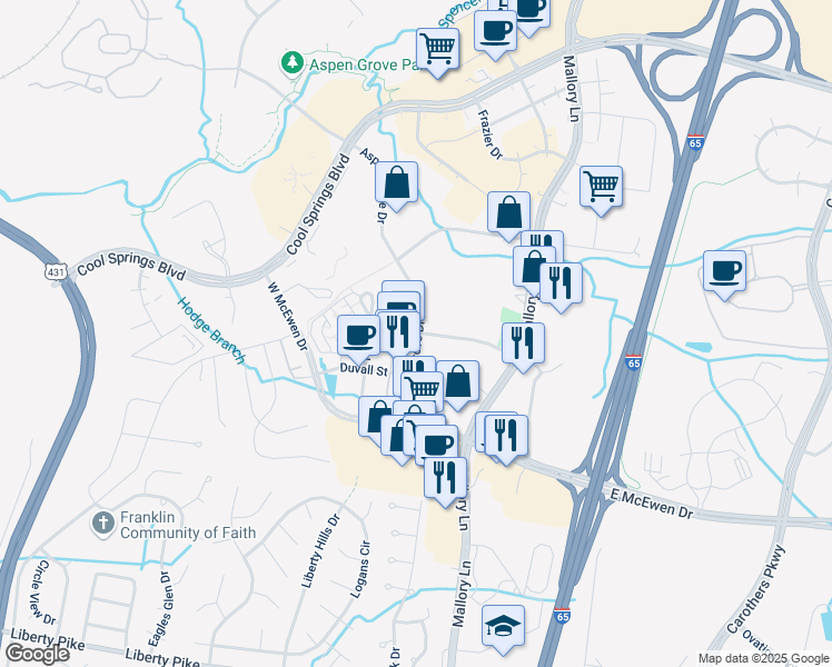 map of restaurants, bars, coffee shops, grocery stores, and more near 1130 West McEwen Drive in Franklin