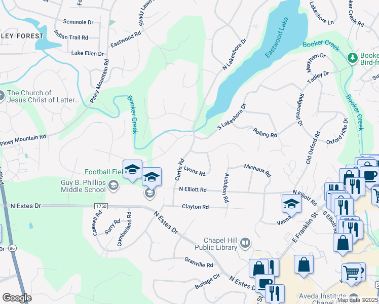 map of restaurants, bars, coffee shops, grocery stores, and more near 1708a Curtis Road in Chapel Hill