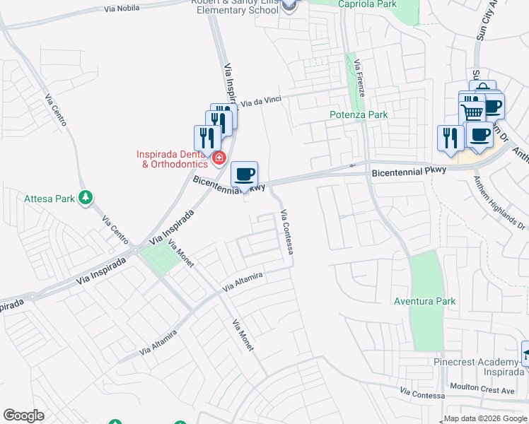 map of restaurants, bars, coffee shops, grocery stores, and more near 3200 Lumassina Way in Henderson