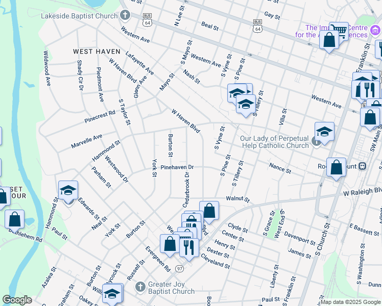 map of restaurants, bars, coffee shops, grocery stores, and more near 744 Cedarbrook Drive in Rocky Mount