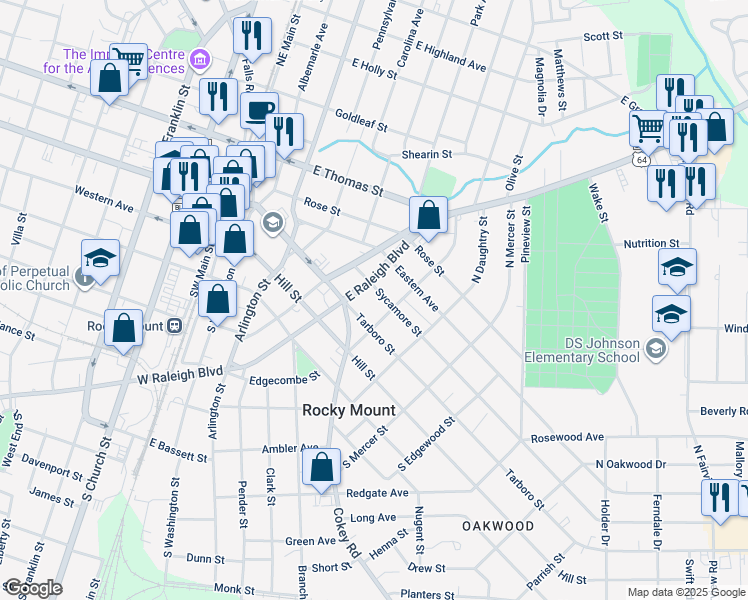 map of restaurants, bars, coffee shops, grocery stores, and more near 515 Sycamore Street in Rocky Mount