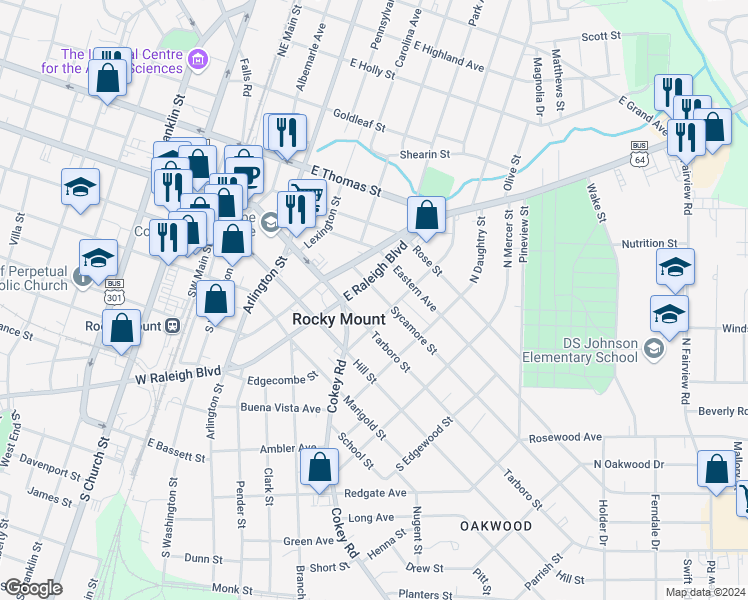 map of restaurants, bars, coffee shops, grocery stores, and more near 515 Sycamore Street in Rocky Mount