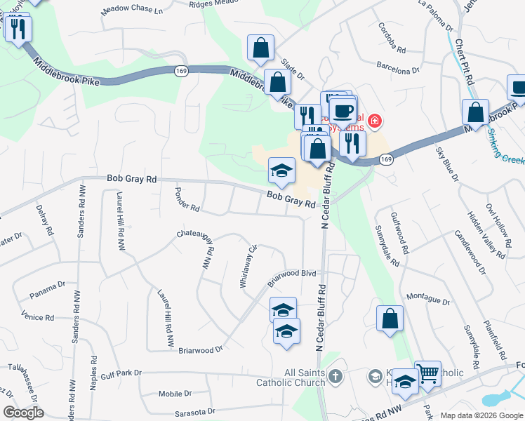 map of restaurants, bars, coffee shops, grocery stores, and more near 933 Ponder Road Northwest in Knoxville