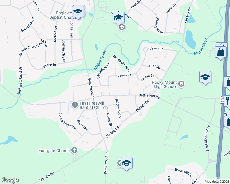 map of restaurants, bars, coffee shops, grocery stores, and more near 1618 Bethlehem Road in Rocky Mount