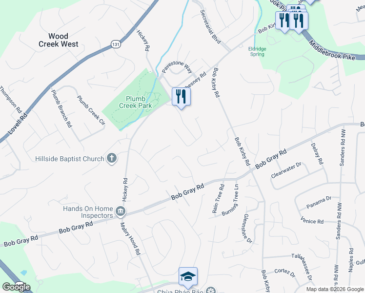 map of restaurants, bars, coffee shops, grocery stores, and more near 10004 Cedar Croft Circle in Knoxville