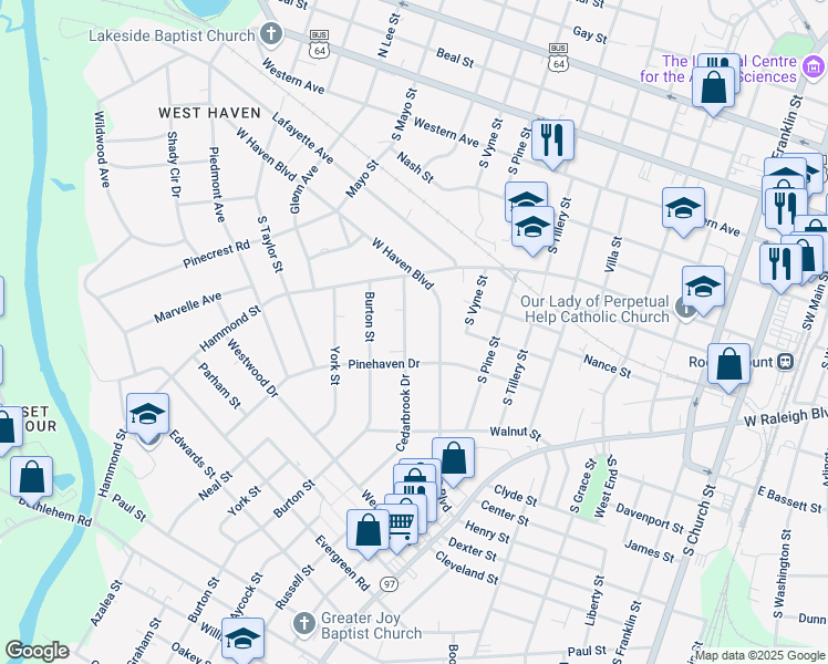 map of restaurants, bars, coffee shops, grocery stores, and more near 744 Cedarbrook Drive in Rocky Mount