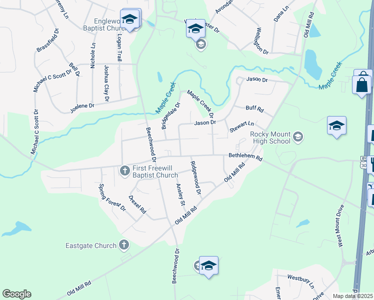 map of restaurants, bars, coffee shops, grocery stores, and more near 1618-1698 Bethlehem Rd in Rocky Mt