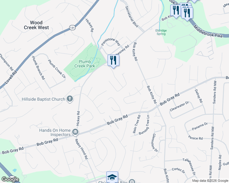 map of restaurants, bars, coffee shops, grocery stores, and more near 10004 Cedar Croft Circle in Knoxville