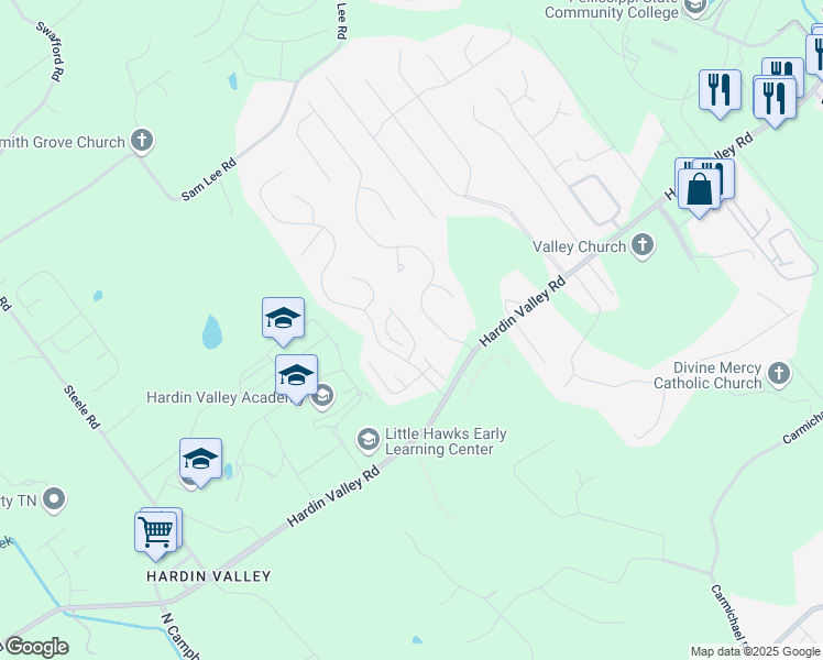 map of restaurants, bars, coffee shops, grocery stores, and more near 2410 Water Valley Way in Knoxville