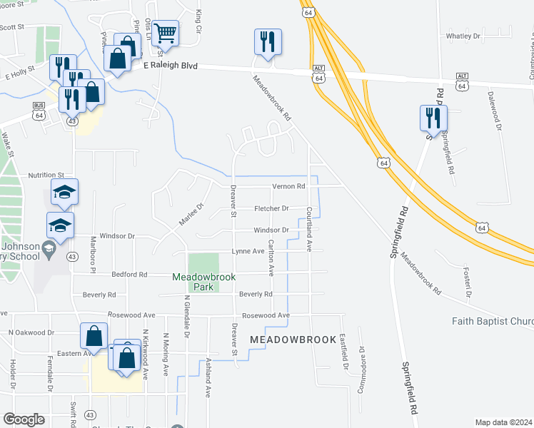map of restaurants, bars, coffee shops, grocery stores, and more near 1829 Fletcher Drive in Rocky Mount
