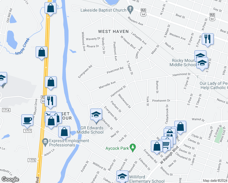 map of restaurants, bars, coffee shops, grocery stores, and more near 1606 Hammond Street in Rocky Mount