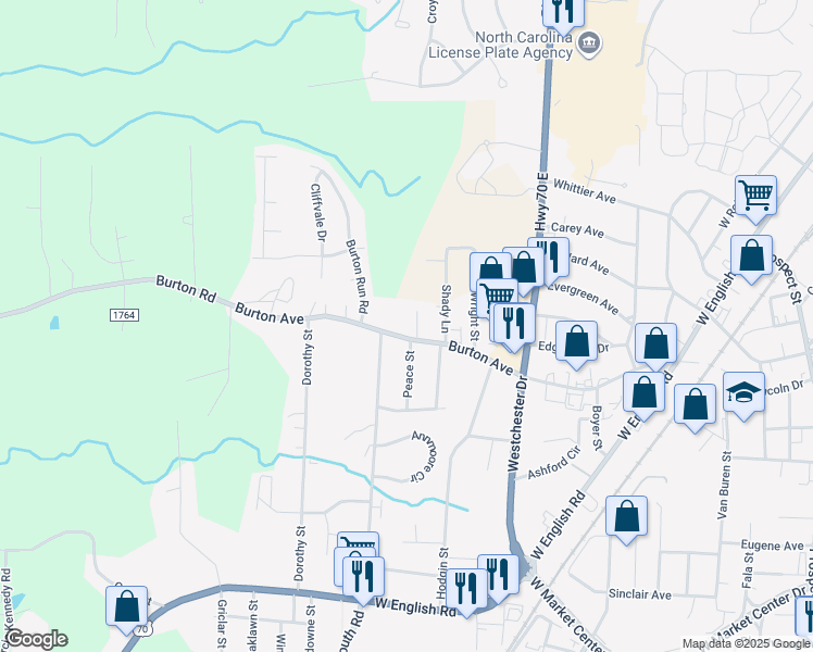 map of restaurants, bars, coffee shops, grocery stores, and more near 1007 Burton Avenue in High Point