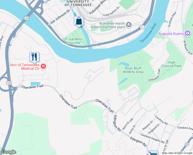 map of restaurants, bars, coffee shops, grocery stores, and more near 2005 Cherokee Bluff Drive in Knoxville