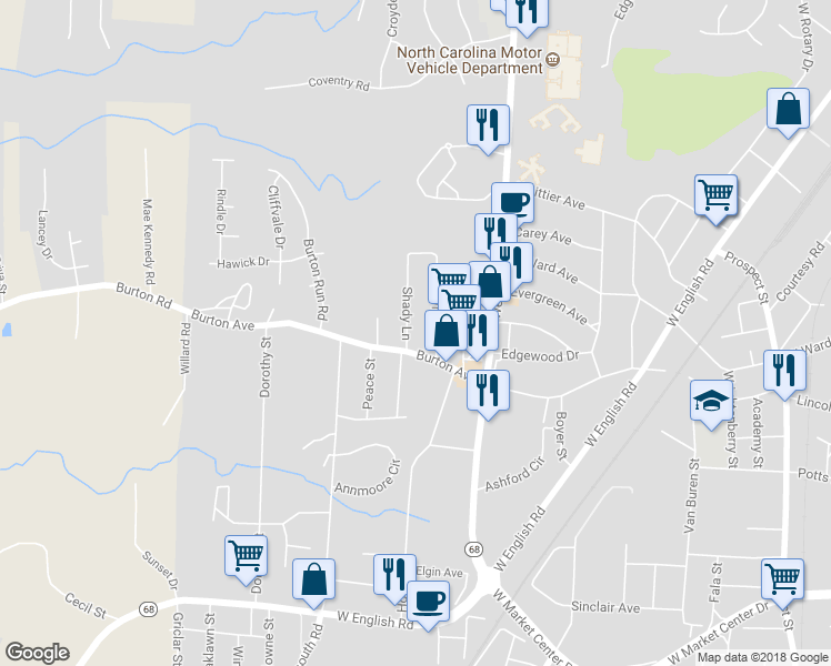 map of restaurants, bars, coffee shops, grocery stores, and more near 706 Shady Lane in High Point