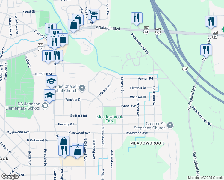 map of restaurants, bars, coffee shops, grocery stores, and more near 1708 Fletcher Drive in Rocky Mount