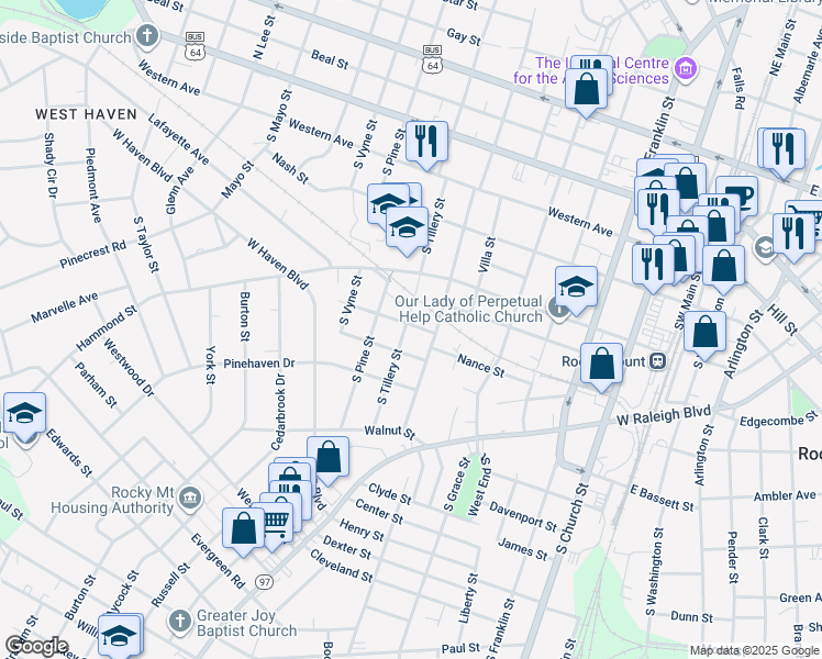 map of restaurants, bars, coffee shops, grocery stores, and more near 601 South Tillery Street in Rocky Mount
