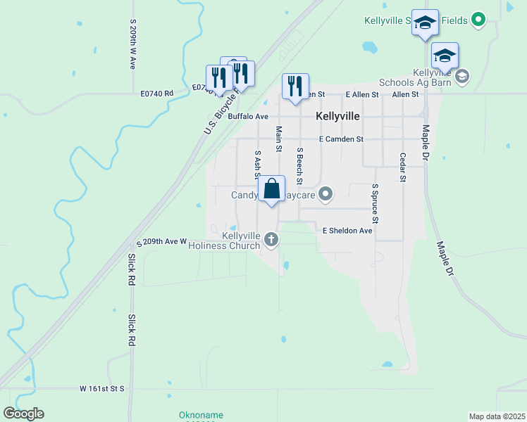 map of restaurants, bars, coffee shops, grocery stores, and more near 604 South Main Street in Kellyville