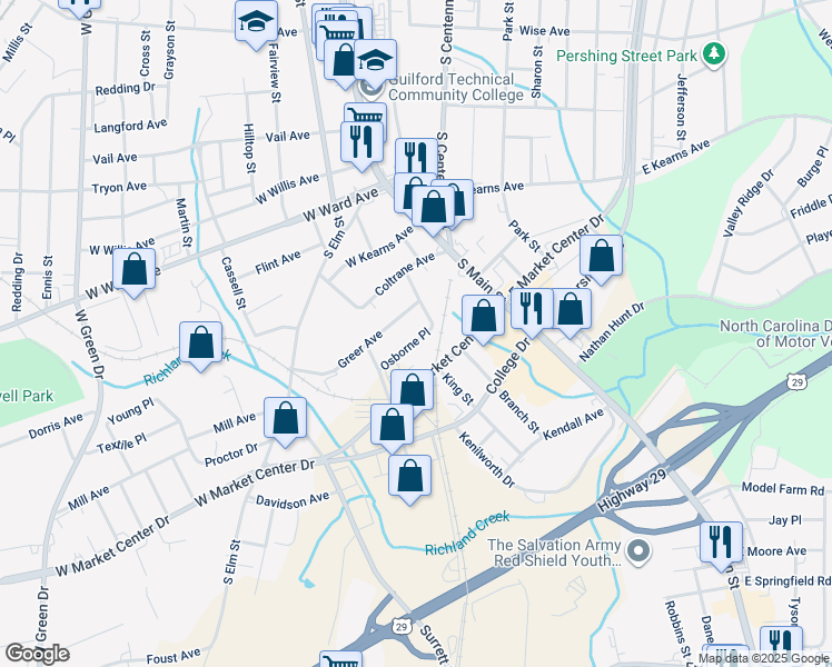map of restaurants, bars, coffee shops, grocery stores, and more near 304 A Osborne Place in High Point