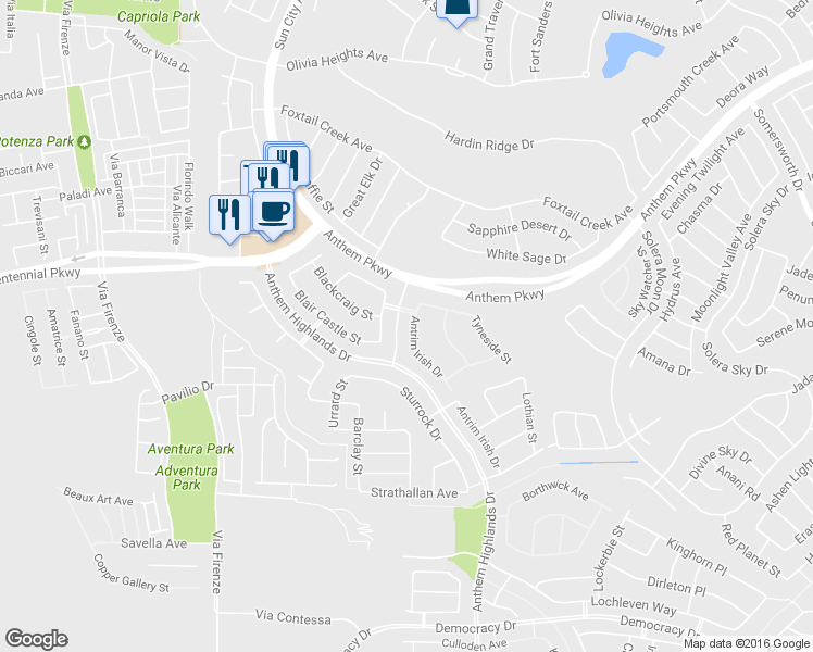 map of restaurants, bars, coffee shops, grocery stores, and more near 2383 Antrim Irish Drive in Henderson