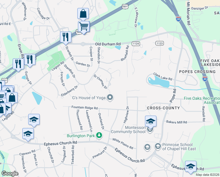 map of restaurants, bars, coffee shops, grocery stores, and more near 102 Colby Place in Chapel Hill