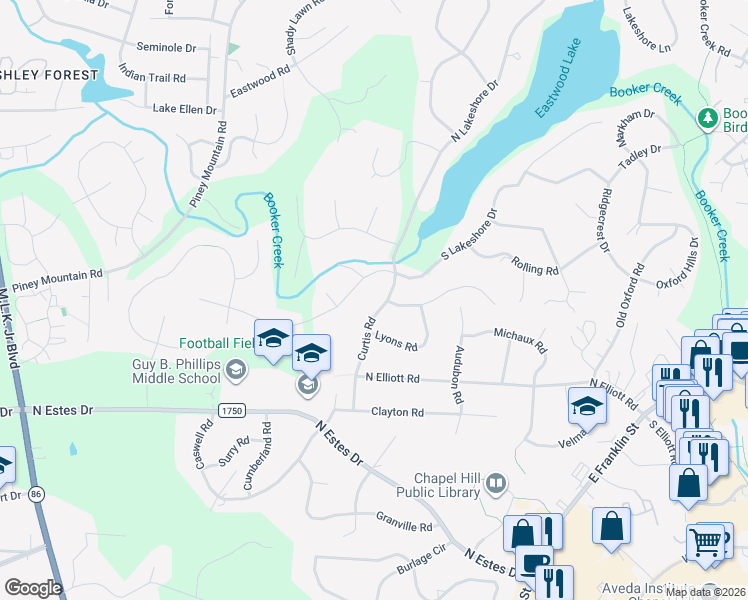 map of restaurants, bars, coffee shops, grocery stores, and more near 1708a Curtis Road in Chapel Hill