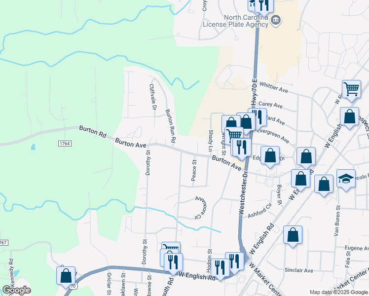 map of restaurants, bars, coffee shops, grocery stores, and more near 1007 Burton Avenue in High Point