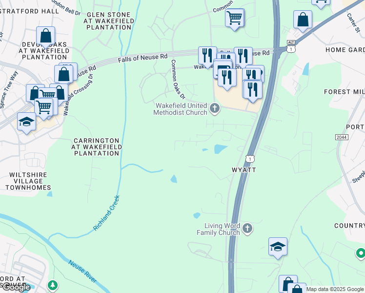map of restaurants, bars, coffee shops, grocery stores, and more near 6 Pine Fork Court in Wake Forest