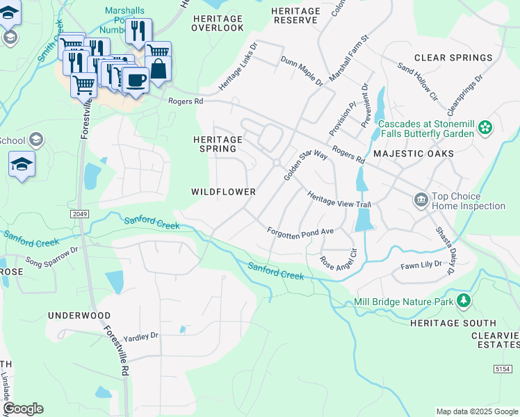 map of restaurants, bars, coffee shops, grocery stores, and more near 1005 Golden Star Way in Wake Forest