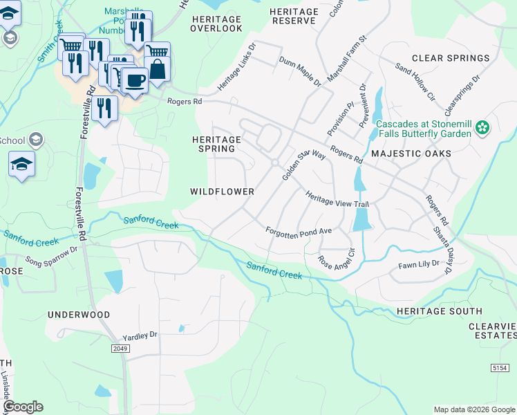 map of restaurants, bars, coffee shops, grocery stores, and more near 1005 Golden Star Way in Wake Forest