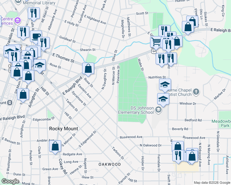 map of restaurants, bars, coffee shops, grocery stores, and more near 439-455 Pineview St in Rocky Mt