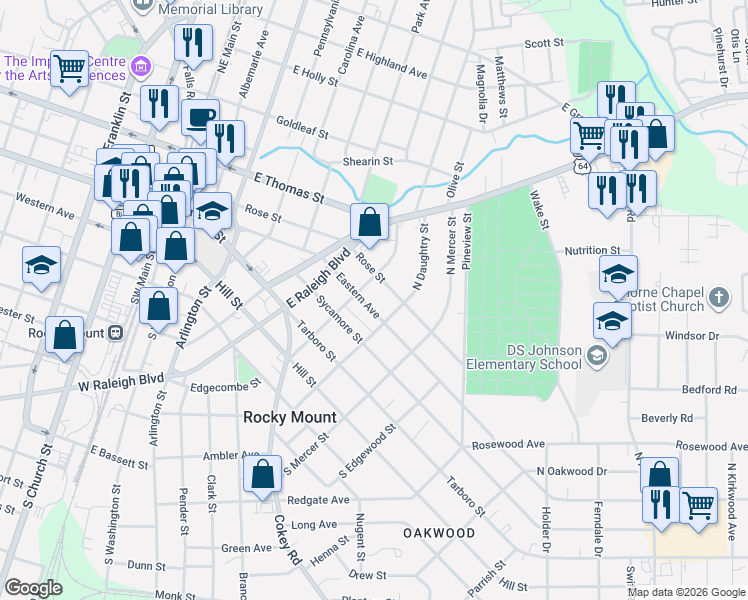 map of restaurants, bars, coffee shops, grocery stores, and more near 623 Eastern Avenue in Rocky Mount