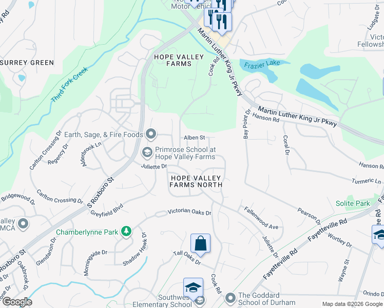 map of restaurants, bars, coffee shops, grocery stores, and more near 10 Woodward Lane in Durham