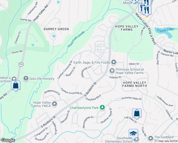 map of restaurants, bars, coffee shops, grocery stores, and more near 5015 Linden Oaks Avenue in Durham