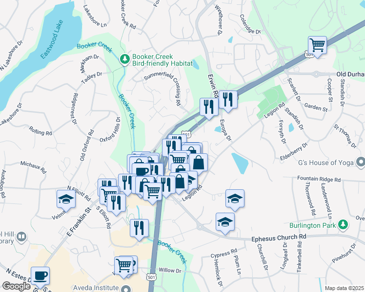 map of restaurants, bars, coffee shops, grocery stores, and more near 1730 Fordham Boulevard in Chapel Hill