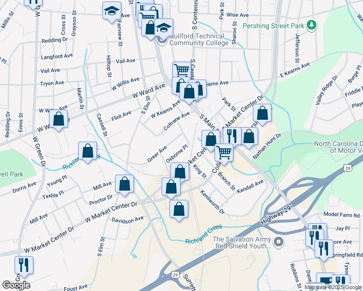 map of restaurants, bars, coffee shops, grocery stores, and more near 304A Osborne Place in High Point