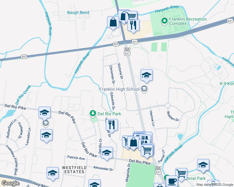 map of restaurants, bars, coffee shops, grocery stores, and more near 1604 Granville Road in Franklin
