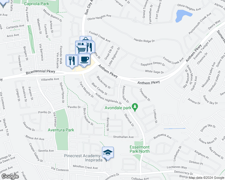 map of restaurants, bars, coffee shops, grocery stores, and more near 2475 Blackcraig Street in Henderson