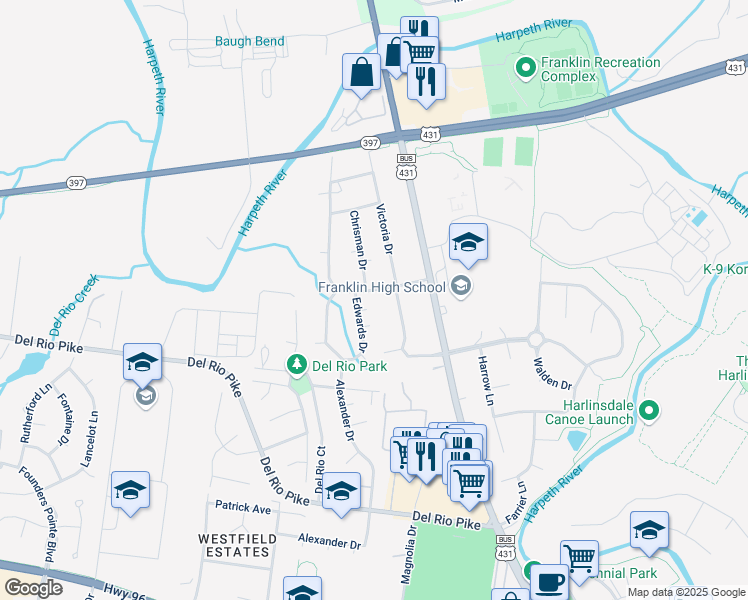 map of restaurants, bars, coffee shops, grocery stores, and more near 1604 Granville Road in Franklin