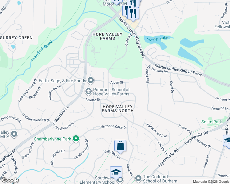 map of restaurants, bars, coffee shops, grocery stores, and more near 10 Woodward Lane in Durham