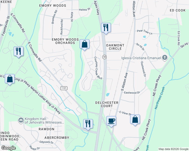 map of restaurants, bars, coffee shops, grocery stores, and more near 2801 Courtney Creek Boulevard in Durham