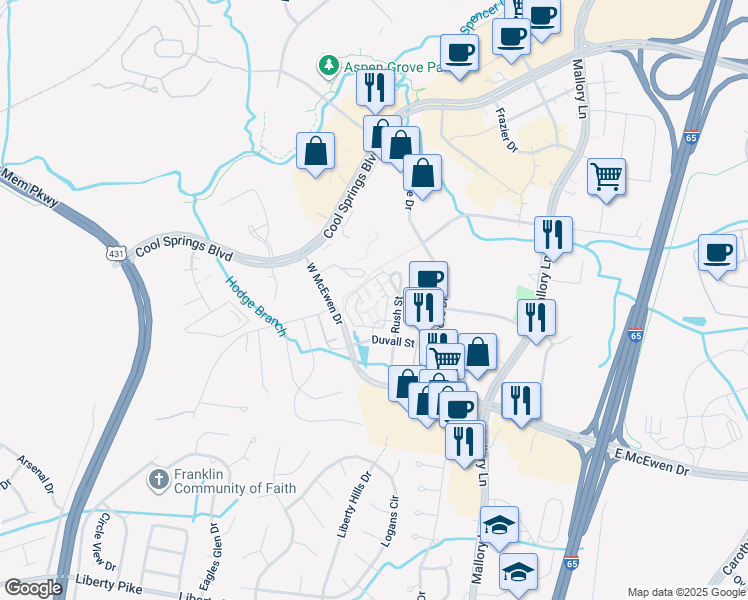 map of restaurants, bars, coffee shops, grocery stores, and more near 100 Reliance Drive in Franklin